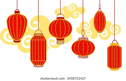 Chinese red paper lanterns hang thickly in a row against the clouds, reminding of the cultural wealth and festive atmosphere. A festival for good luck. Festive themes, cultural presentations. Moon