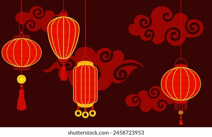 Chinese red paper lanterns hang in a row against the of clouds at night, reminding of the cultural wealth, festive atmosphere. Festival for good luck. Festive themes, cultural presentations. Moon