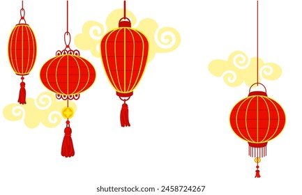Chinese red paper lanterns hang in a row against a background of clouds, reminiscent of cultural wealth and a festive atmosphere. A festival for good luck. Festive themes, cultural presentations. Moon