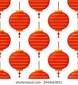 Chinese red paper lights. Seamless pattern. Light on the streets of China. Celebration atmosphere. Hand drawn vector illustration. background, wallpaper , fabric, paper, fashion on a white background.