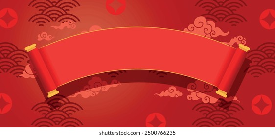 Chinese red paper scroll template with oriental background. Asian banner template with paper roll on auspicious clouds background. 