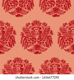 Vector de mascota rojo de fénix chino, sin fisuras. Vintage art deco textura , Ideal para el diseño de tarjetas de felicitación o de plantillas de fondo , fondo chino