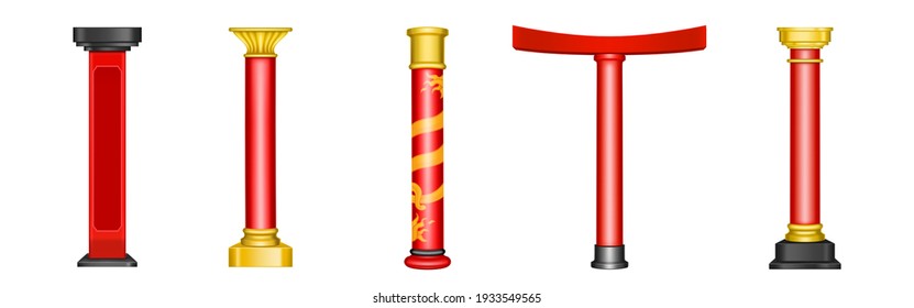 Chinese red pillars, historic gold architecture decor for asian temple, pagoda, gazebo, arch and gate. Vector realistic set of traditional columns with dragons in China isolated on white background