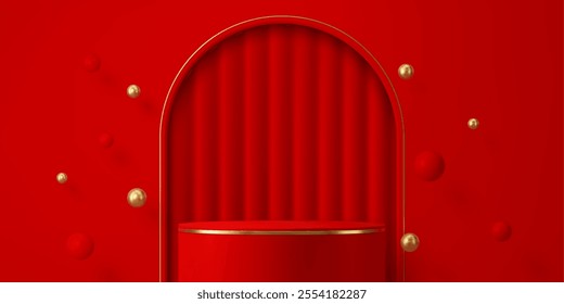 Chinese red podium, elegant pedestal against a rich red backdrop with an arch, curtains, golden accents and floating spheres. Vector luxury showcase for the Chinese Lunar New Year festival celebration