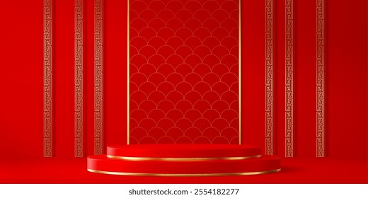 Chinese red podium, luxury stage with golden decoration. 3d vector lavish round platform, adorned in rich scarlet hues with gold accents, featuring traditional chinese patterns and opulent asian decor