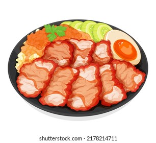 Chinese red roasted pork rice bowl recipe illustration vector. Asian food red roasted pork with rice on black plate. Khao Moo Daeng (Barbecued red pork thai style) recipe hot thai menu isolated.