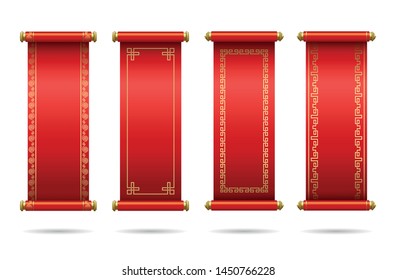 Chinese red scrolls festive.  Set of different scrolls with space for text. Template design Chinese new year, calendar, invitation, booklet, traditional festive decoration. Isolation. Vector 