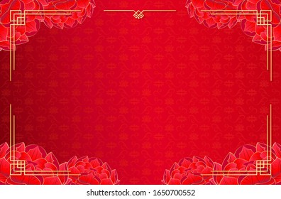 Chinese red template background with peony and lotus. Web banner social network or brochure. Vector stock illustration