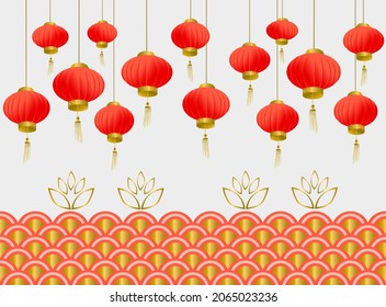 Chinese red traditional lantern, china town continuous decoration, beautiful lunar new year backdrop.