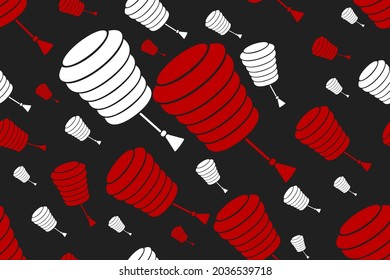 Chinese red and white lanterns on black background. Seamless pattern chinese lights for design wrapping paper. Vector illustration
