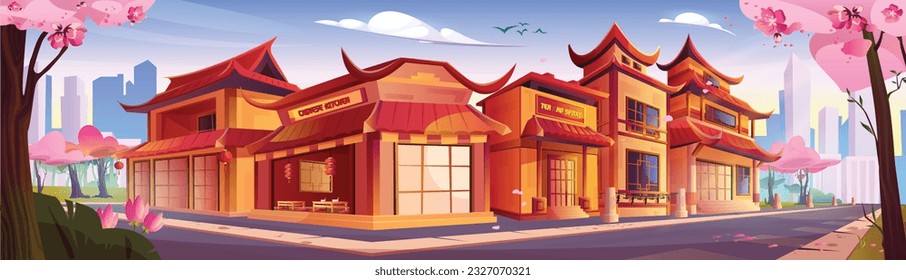 Chinese restaurant building on town street cartoon illustration. Japan house exterior with lantern near cherry tree scene. Skyscraper cityscape from historic traditional chinatown district place.