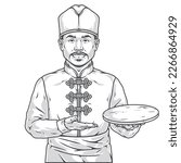 Chinese restaurant chef sticker monochrome with smiling man in cook uniform pointing with hand at empty food tray vector illustration