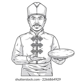 Chinese restaurant chef sticker monochrome with smiling man in cook uniform pointing with hand at empty food tray vector illustration