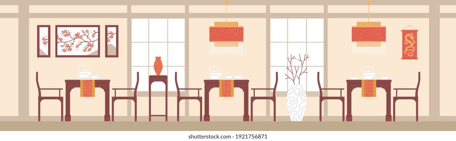 Chinese restaurant dining hall interior design. Horizontal background with tables and chairs for clients in Chinese restaurant, flat vector illustration.