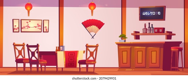 Chinese restaurant interior, cafe with bar in traditional asian style with red and gold decor, lanterns, sakura pictures. Authentic cafeteria with wooden tables and chairs, Cartoon vector illustration