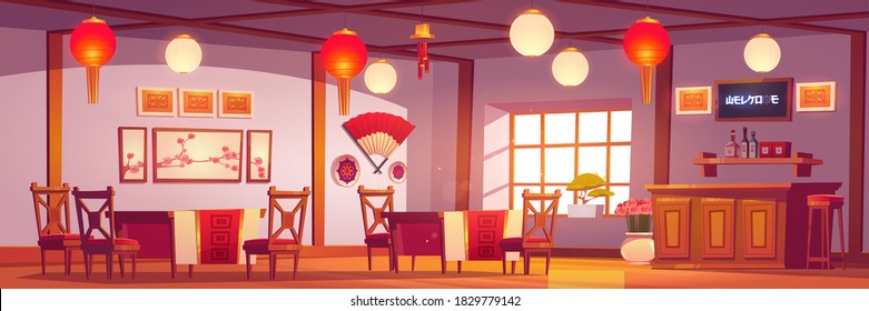 Chinese restaurant interior, empty cafe in traditional asian style with red and gold decor, lanterns, sakura pictures, cashier desk, cafeteria with wooden tables and chairs Cartoon vector illustration