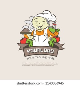 Chinese restaurant logo with asian cartoon character and vegetables vector illustration. 
