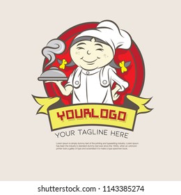 Chinese Restaurant logo with asian chef cartoon female character vector illustration.