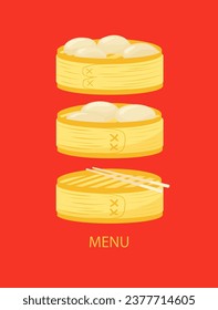 Chinese restaurant menu design.  dim sum.  Chinese dumpling in a bamboo steamer box. Vector  Illustration.  Steamed baozi dumplings a bamboo steamer.  