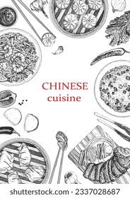 Chinese Restaurant Menu. Hand-drawn illustration of dishes and products. Ink. Vector