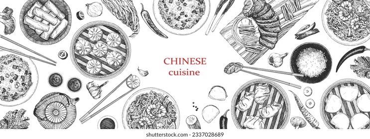 Chinese Restaurant Menu. Hand-drawn illustration of dishes and products. Ink. Vector