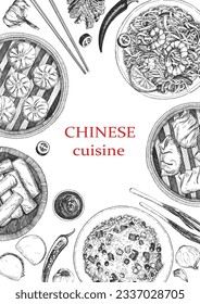 Chinese Restaurant Menu. Hand-drawn illustration of dishes and products. Ink. Vector