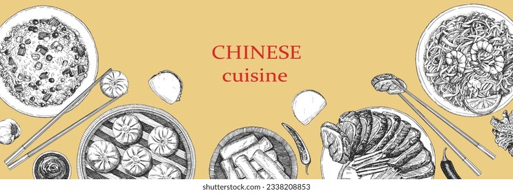 Chinese Restaurant Menu. Hand-drawn illustration of dishes and products. Ink. Vector