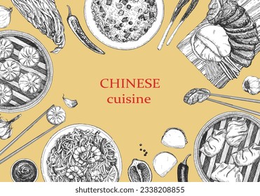 Chinese Restaurant Menu. Hand-drawn illustration of dishes and products. Ink. Vector