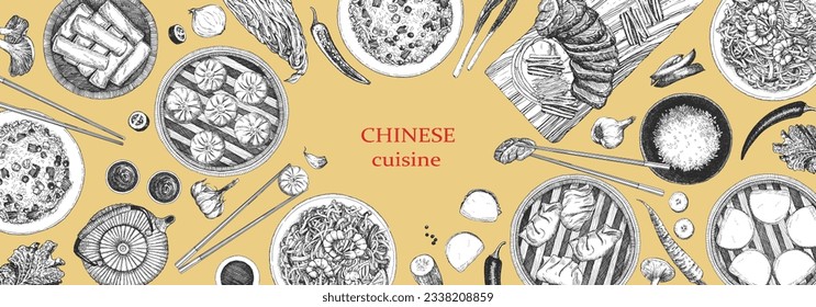 Chinese Restaurant Menu. Hand-drawn illustration of dishes and products. Ink. Vector