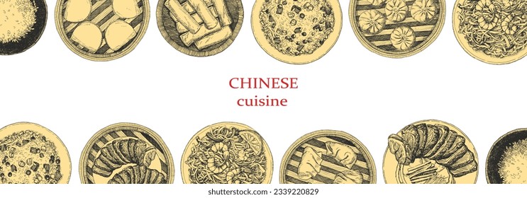 Chinese Restaurant Menu. Hand-drawn illustration of dishes and products. Ink. Vector