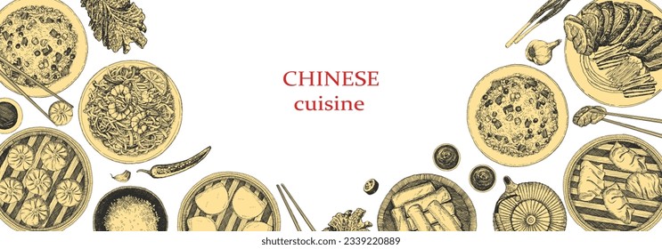 Chinese Restaurant Menu. Hand-drawn illustration of dishes and products. Ink. Vector