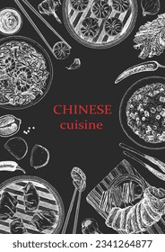 Chinese Restaurant Menu. Hand-drawn illustration of dishes and products. Ink. Vector