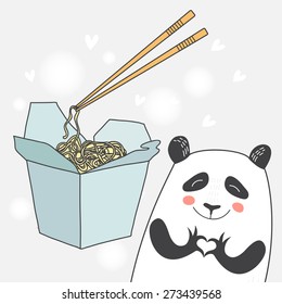 Chinese restaurant opened take out box filled with noodles and cute smiling panda. Vector illustration.