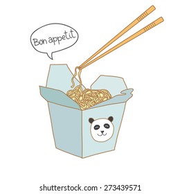 Chinese restaurant opened take out box filled with noodles and cute panda on box. Vector illustration.