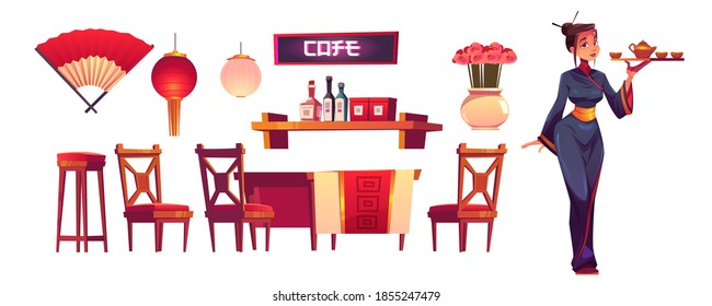 Chinese restaurant staff and stuff isolated set. Waitress in traditional costume with tray, asian cafe decor, lantern, fan, shelf with condiments, wooden table and chairs, Cartoon vector illustration