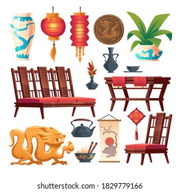 Chinese restaurant stuff isolated set. Traditional asian cafe decor, red lantern, wooden table and chairs, vase and coin with dragon, rice in bowl with sticks, tea pot, Cartoon vector illustration