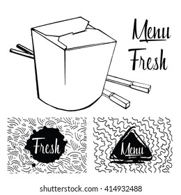 Chinese restaurant take out box filled with noodles, chopsticks. Handdrawn texture. 
