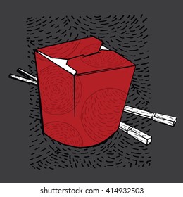 Chinese restaurant take out box filled with noodles, chopsticks. Handdrawn texture. 
