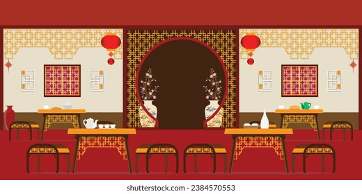 Chinese restaurant traditional interior with furniture, Concept Flat Design Style. Vector illustration of Asian Cuisine Bar or Cafe.