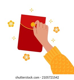 Chinese Reward Concept. Hand Opening A Red Paper Packet. Envelope Vector. Year Of The Tiger Banner Idea. Chinese Reward In Treditional Envelope. Flat Vector Illustration.