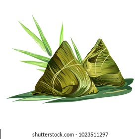 Chinese rice dumplings (zongzi) wrapped in bamboo leaves. Realistic vector illustration isolated on white background.