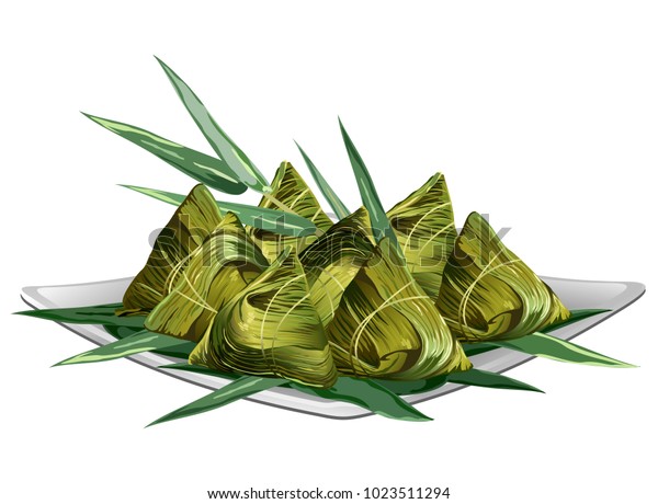 皿に竹の葉で包んだ中国のご飯 ゾンジ 白い背景にリアルなベクターイラスト のベクター画像素材 ロイヤリティフリー