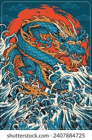 Chinese river dragon sticker colorful with waves and snake symbolizing prosperity and wealth among peoples of asia vector illustration