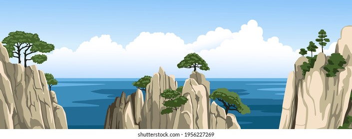 Chinese rocks with a trees on top. Ocean landscape, seascape with mountains in water and fluffy clouds in blue sky. Vector flat illustration.