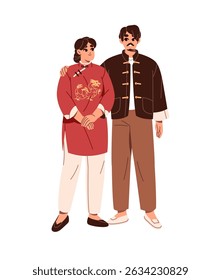Chinese romantic couple cuddles, stands together. Happy woman and man are wearing traditional clothes of East Asia. People in ethnic costumes of China hug. Flat isolated vector illustration on white.