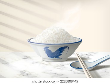 Tazón de gallo azul y blanco de porcelana china con arroz, cuchara, palillos y sombras de ventana Ilustración realista