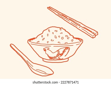 Chinese Rooster Bowl with Rice, Spoon and Chopsticks Line Drawing Doodle