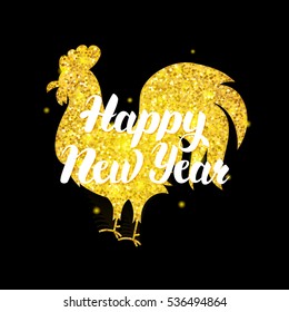 Chinese Rooster New Year Postcard. Vector Illustration of Winter Holiday Symbol with Gold Glitter.