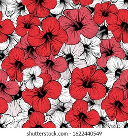 Chinese rose seamless pattern in vintage hand drawn style. Wallpaper, textile design. Vector illustration