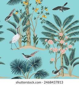 Chinese rose tree, lemon tree, tropical palms, plants, birds seamless pattern. Chinoiserie vintage wallpaper.	